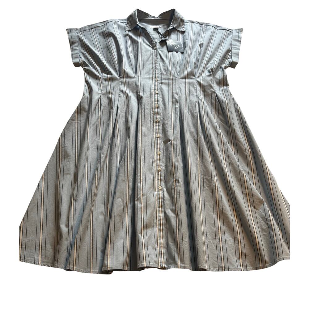 Blue Pinstriped pattern Shirt Dress Side pockets stand up collar V-neck Pleated - Picture 3 of 12